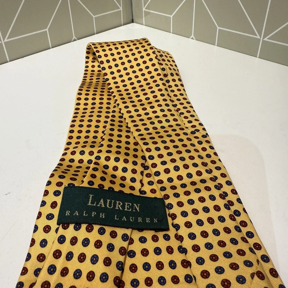 Vintage Polo Ralph Lauren‎ 100% Silk Tie Gold Purple Geometric Hand Made USA